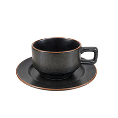 Set de 6 pocillos de porcelana negro con borde marrón de 120 ml y platos
