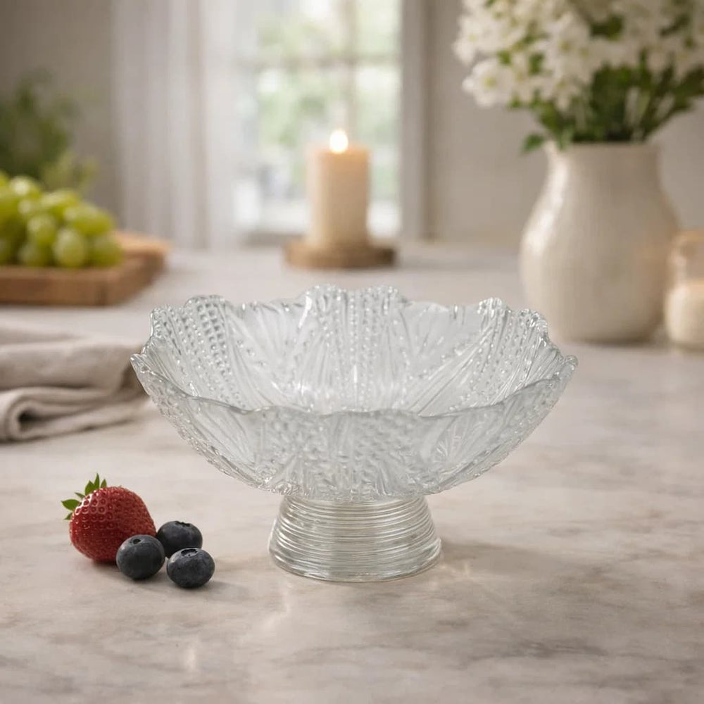 Frutero de vidrio 300 ml diseño flor con base elevada transparente