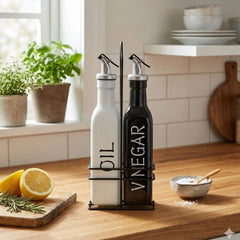 Set de aceitera blanca y vinagrera negra 500 ml con soporte metálico