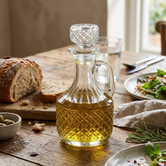Aceitera de vidrio 550 ml transparente con diseño de rombos y asa