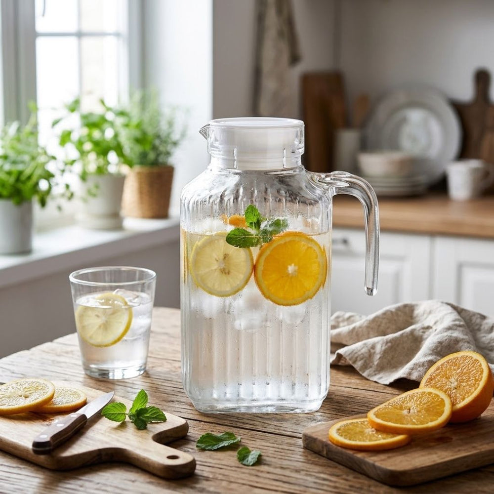Jarra de vidrio transparente 1.6 L con tapa y diseño de rayas