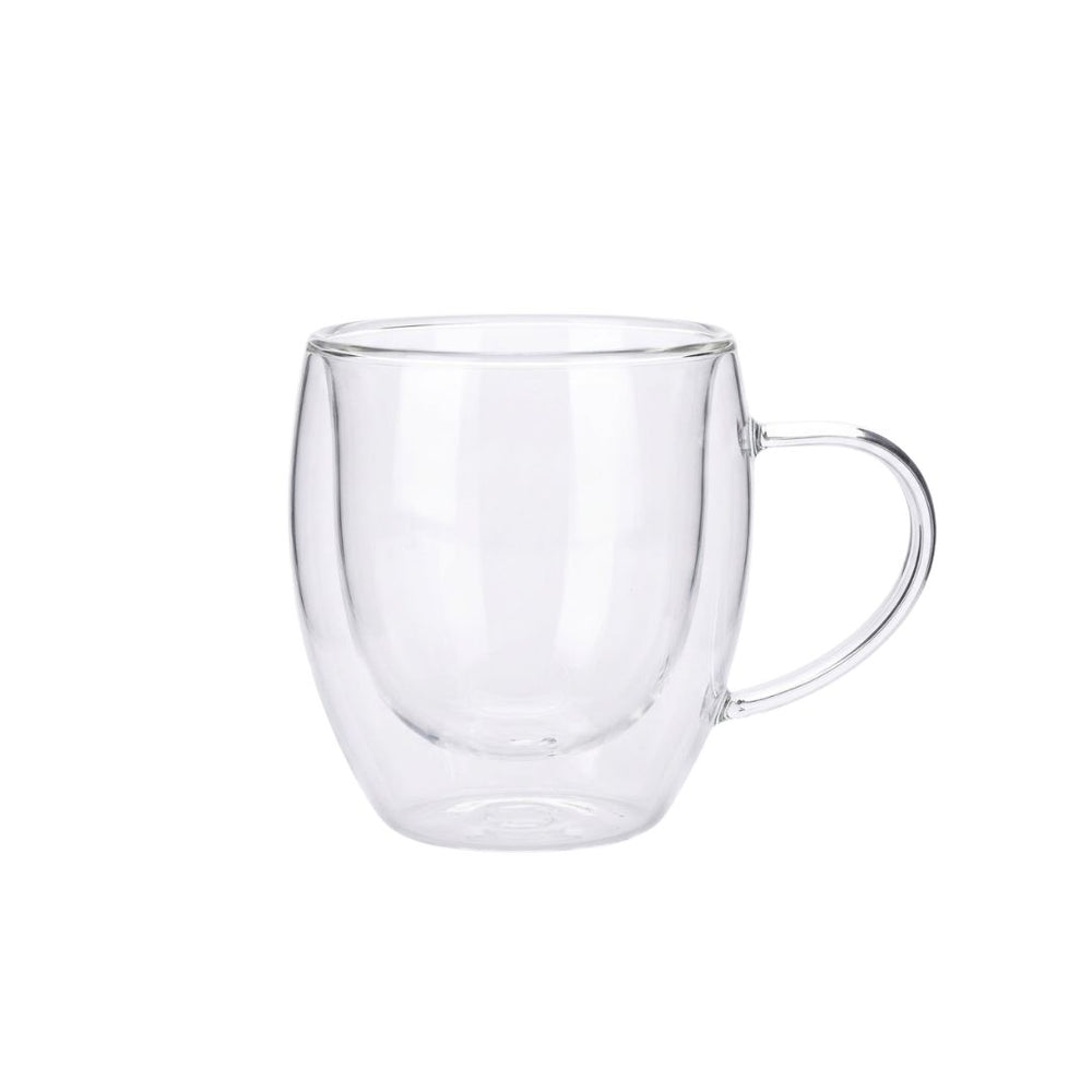 Vaso de vidrio doble pared transparente de 150 ml con asa lateral.