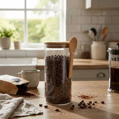 Recipiente de vidrio cuadrado 700 ml con tapa de bambú y cuchara de madera