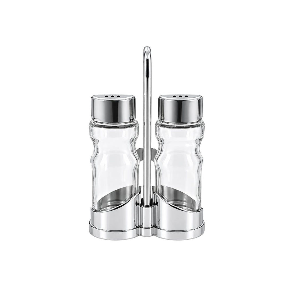 Set de dos condimenteros de vidrio con soporte