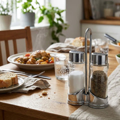 Set x2 condimenteros de vidrio 60 ml con soporte metálico