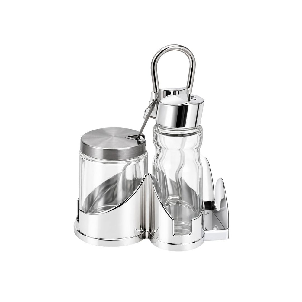 Set de tres condimenteros de vidrio con soporte