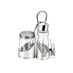 Set de tres condimenteros de vidrio con soporte