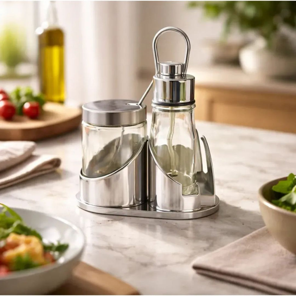 Set x3 condimenteros de vidrio 60 ml y 100 ml con soporte metálico