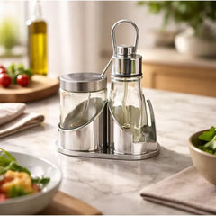 Set x3 condimenteros de vidrio 60 ml y 100 ml con soporte metálico