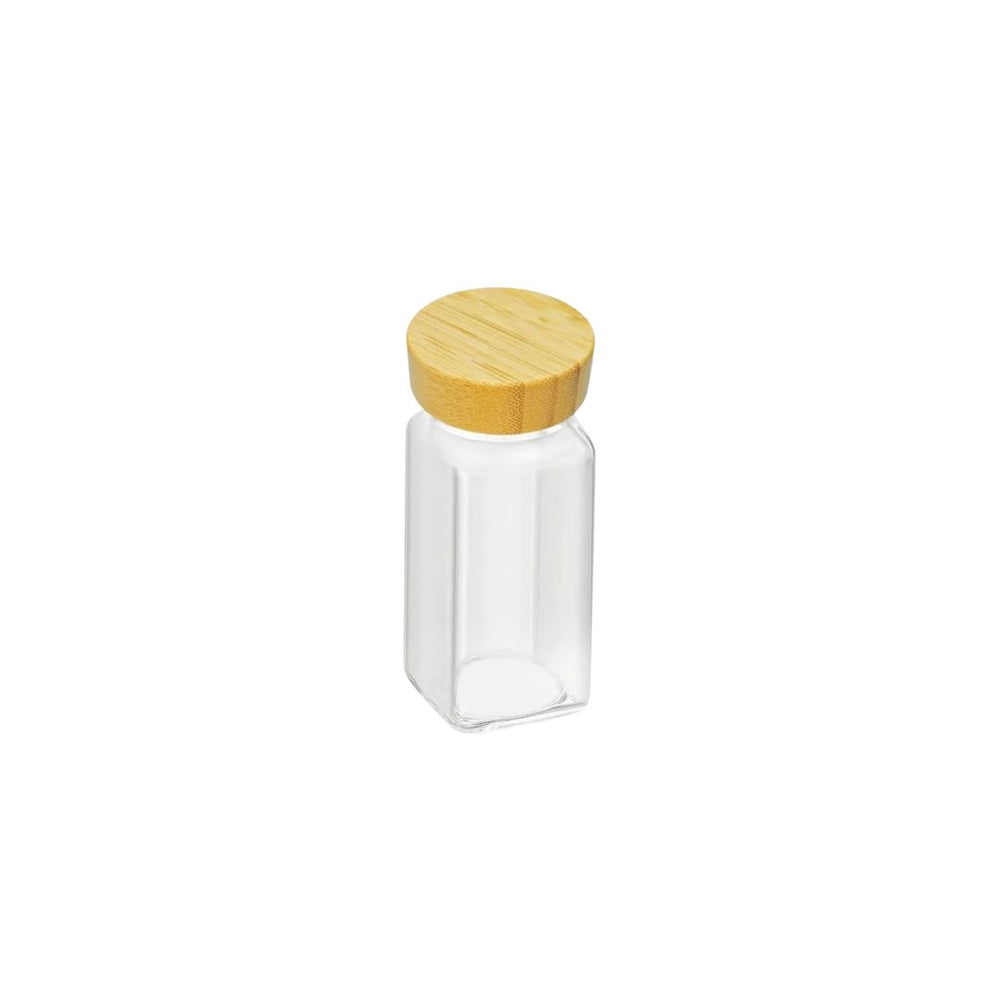 Salero minimalista de vidrio y bambú