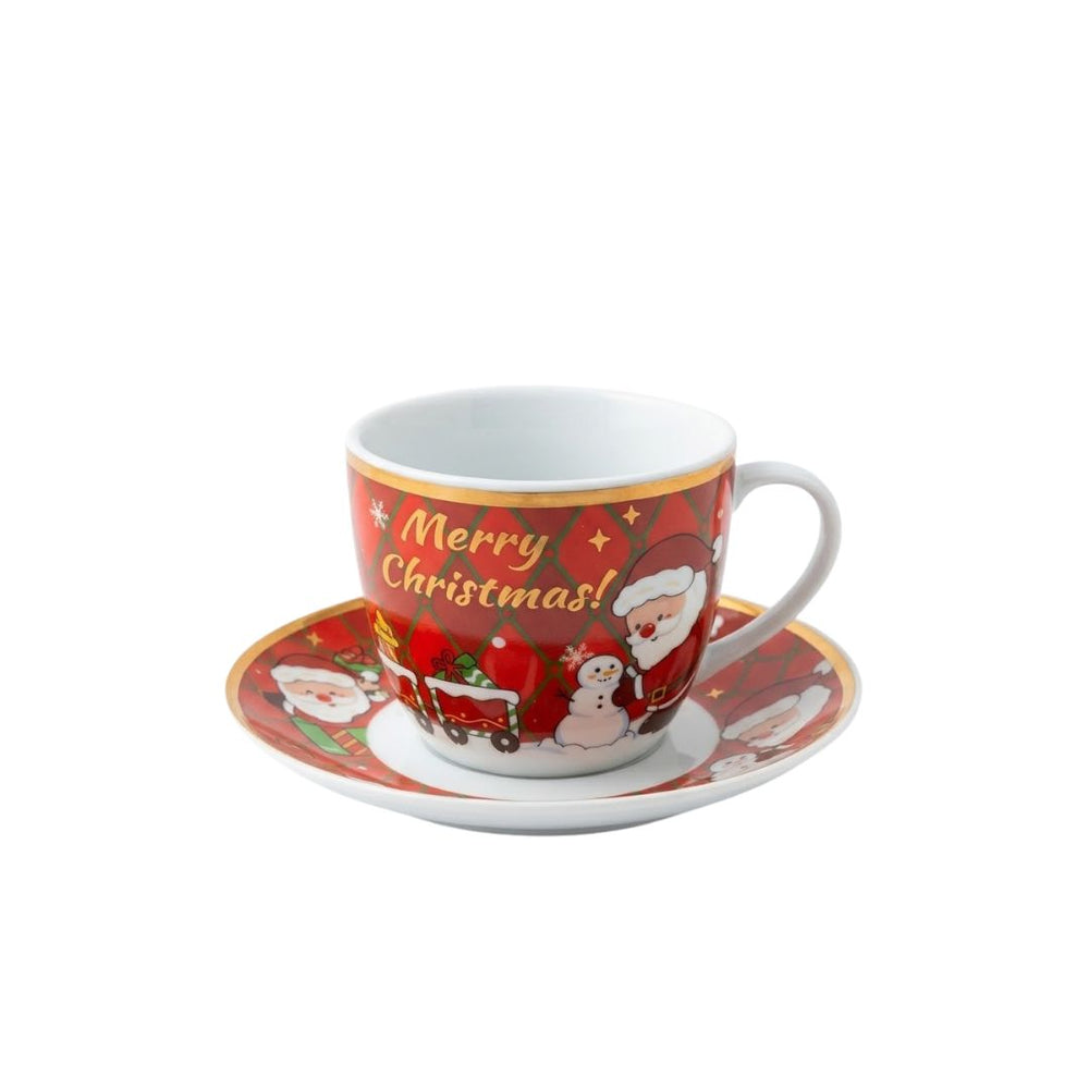 Set de pocillo y plato navideño rojo de 200 ml con diseño de Papá Noel.