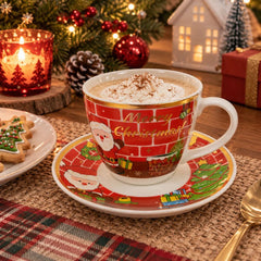 Set de pocillo y plato navideño rojo de 200 ml con ilustraciones de Papá Noel y mensaje Merry Christmas