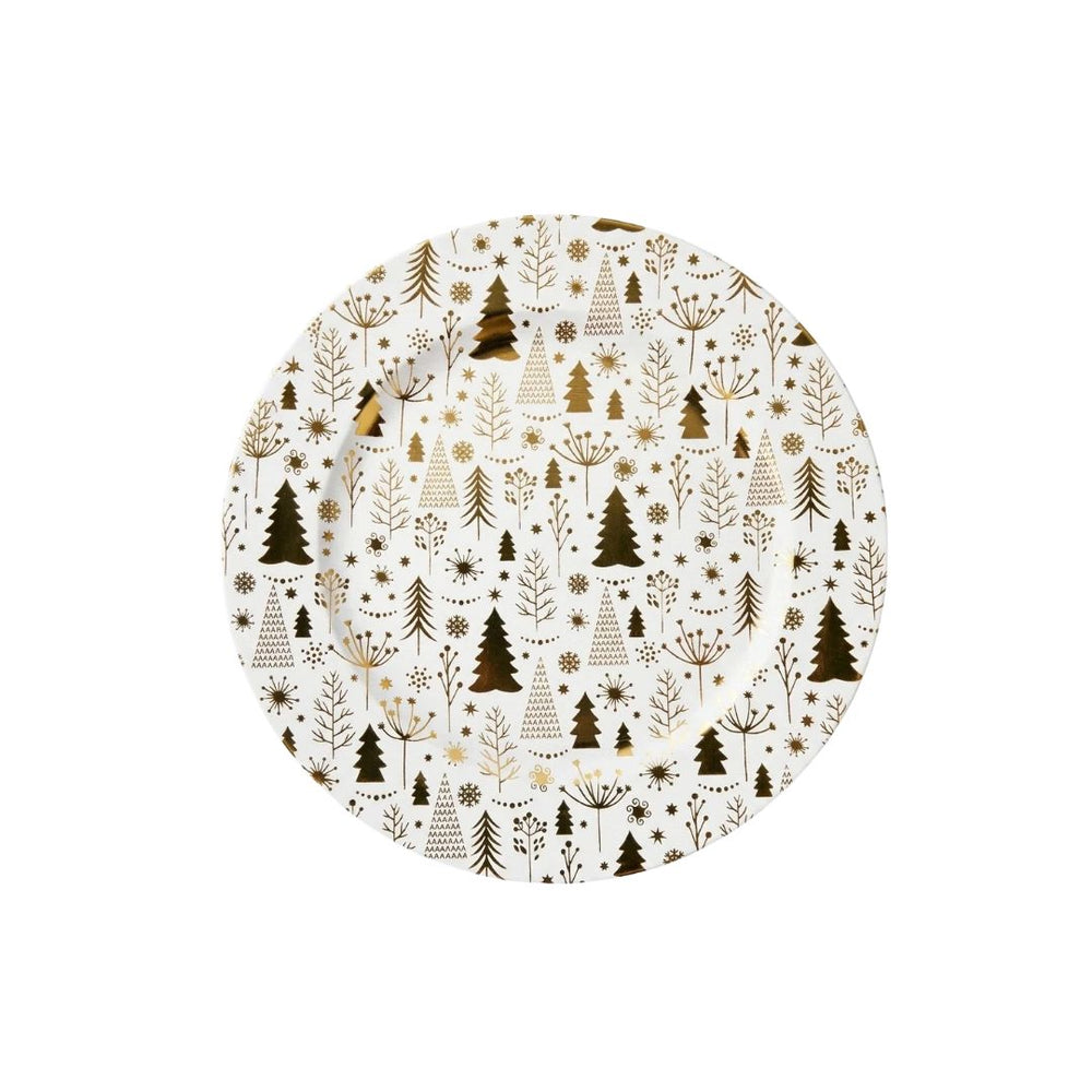 Plato base navideño de 33 cm en melamina blanca con árboles dorados.
