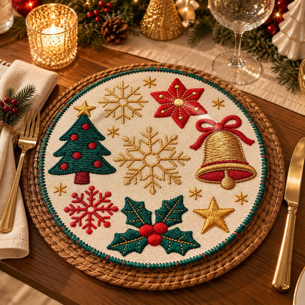 Plato base navideño de melamina de 33 cm con campana dorada, copos de nieve, árbol verde y detalles rojos