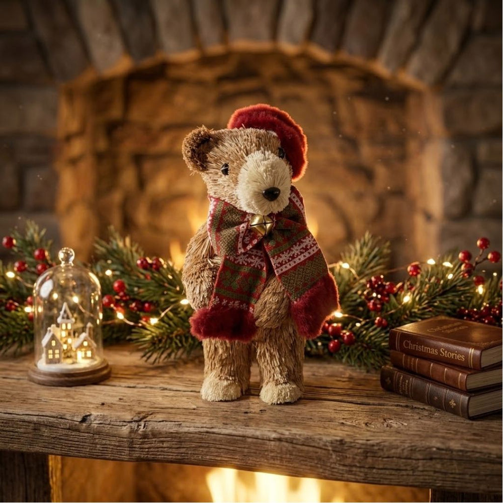 Figura decorativa de oso navideño de 25 cm con bufanda roja y verde y gorro