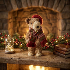 Figura decorativa de oso navideño de 25 cm con bufanda roja y verde y gorro