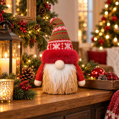 Figura decorativa de gnomo navideño de 20 cm con gorro rojo estampado y barba blanca