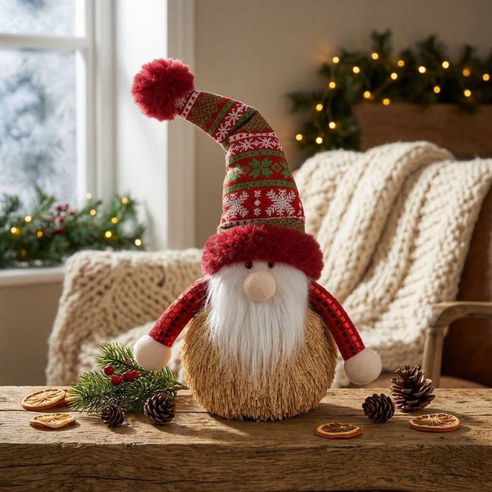 Figura decorativa de Papá Noel de 30 cm con gorro navideño rojo verde y blanco con pompón