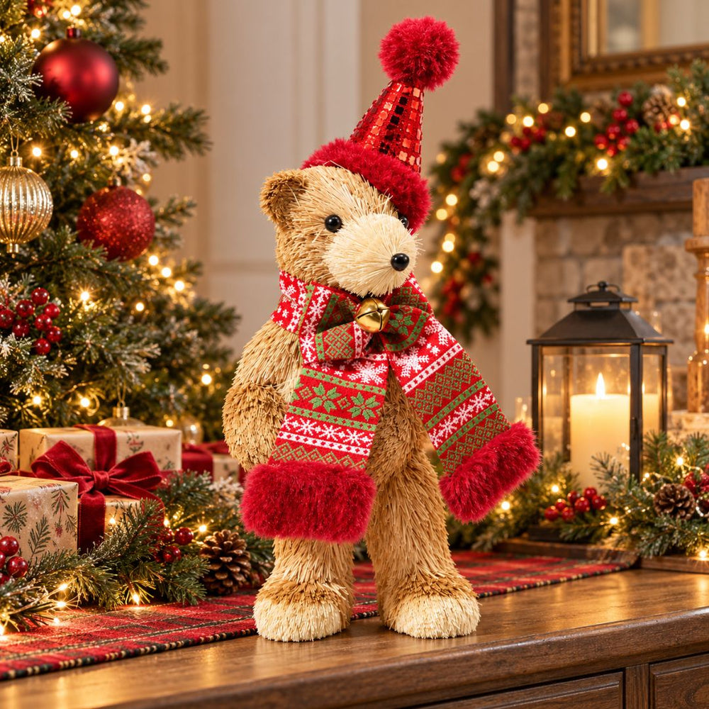 Figura decorativa de oso navideño de 39 cm con bufanda roja y verde y gorro con pompón