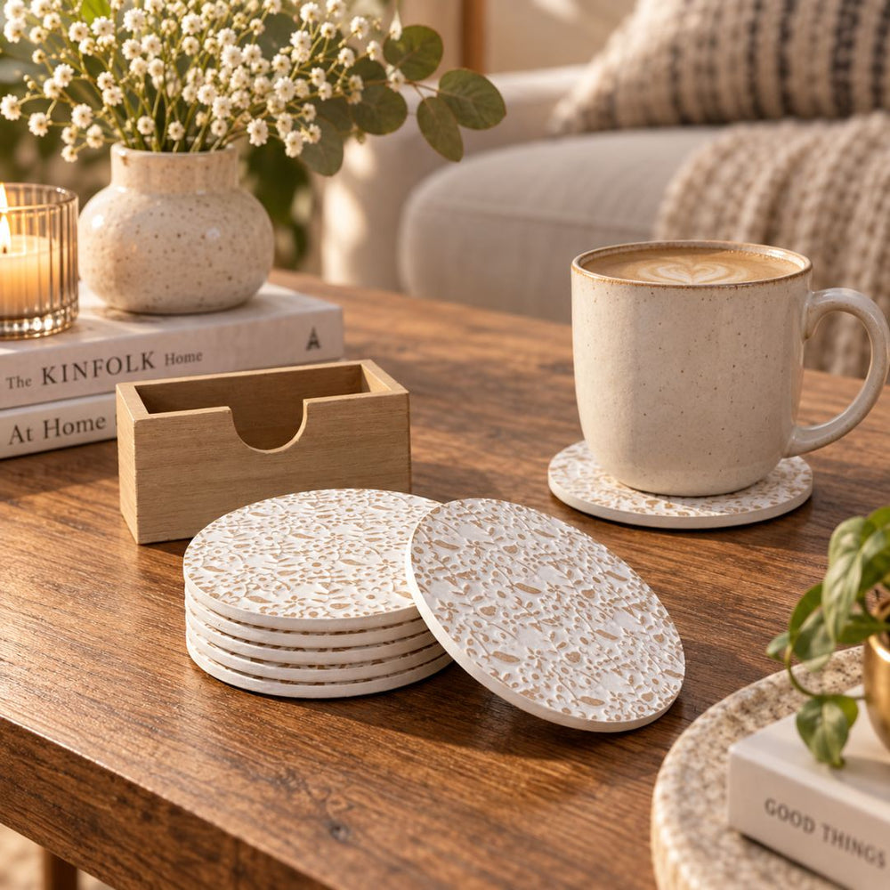 Set de porta vasos x6 circulares 10 cm con diseño de flores y soporte