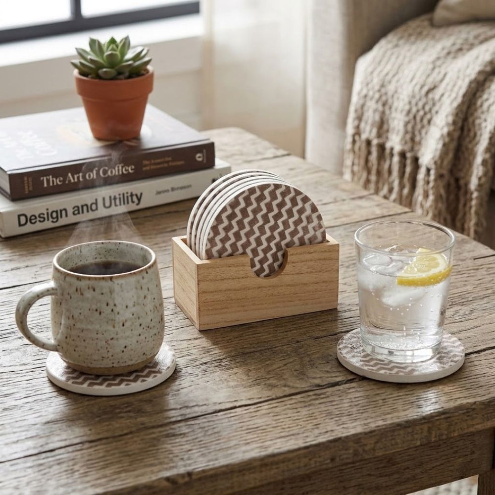 Set de porta vasos x6 circulares 10 cm con diseño zigzag y soporte
