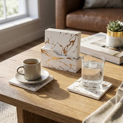 Portavasos rectangulares x6 con base MDF diseño mármol blanco con vetas doradas