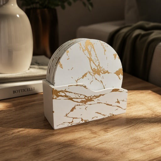 Portavasos redondos x6 con base MDF diseño mármol blanco con vetas doradas