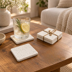 Set de porta vasos x4 en yeso blanco forma cuadrada de 10 cm