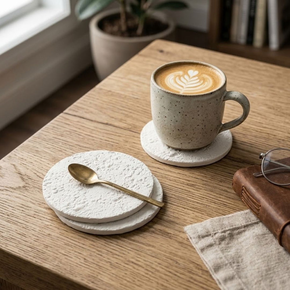 Set de porta vasos x4 en yeso blanco de forma circular con textura