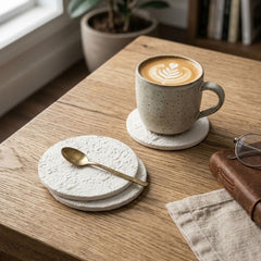 Set de porta vasos x4 en yeso blanco de forma circular con textura