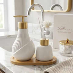 Set de jabonera blanco con ambientador y base en bambú con detalles dorados