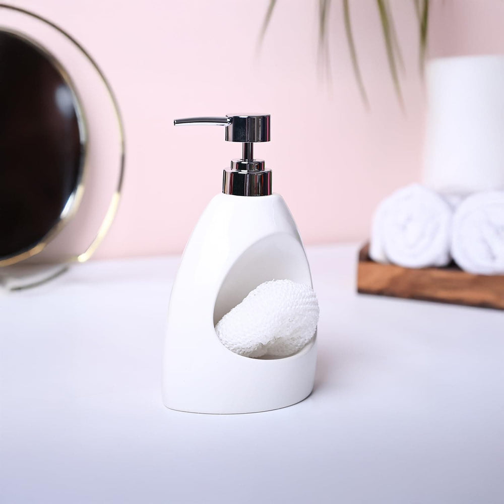 Dispensador de jabón blanco con esponja integrada para cocina de 22 cm