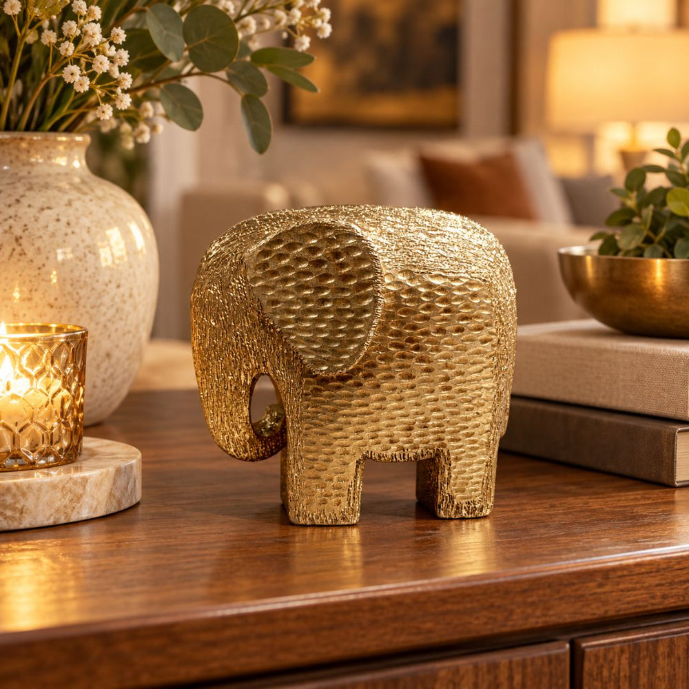 Figura decorativa de elefante rústico dorado de 17 cm con acabado texturizado