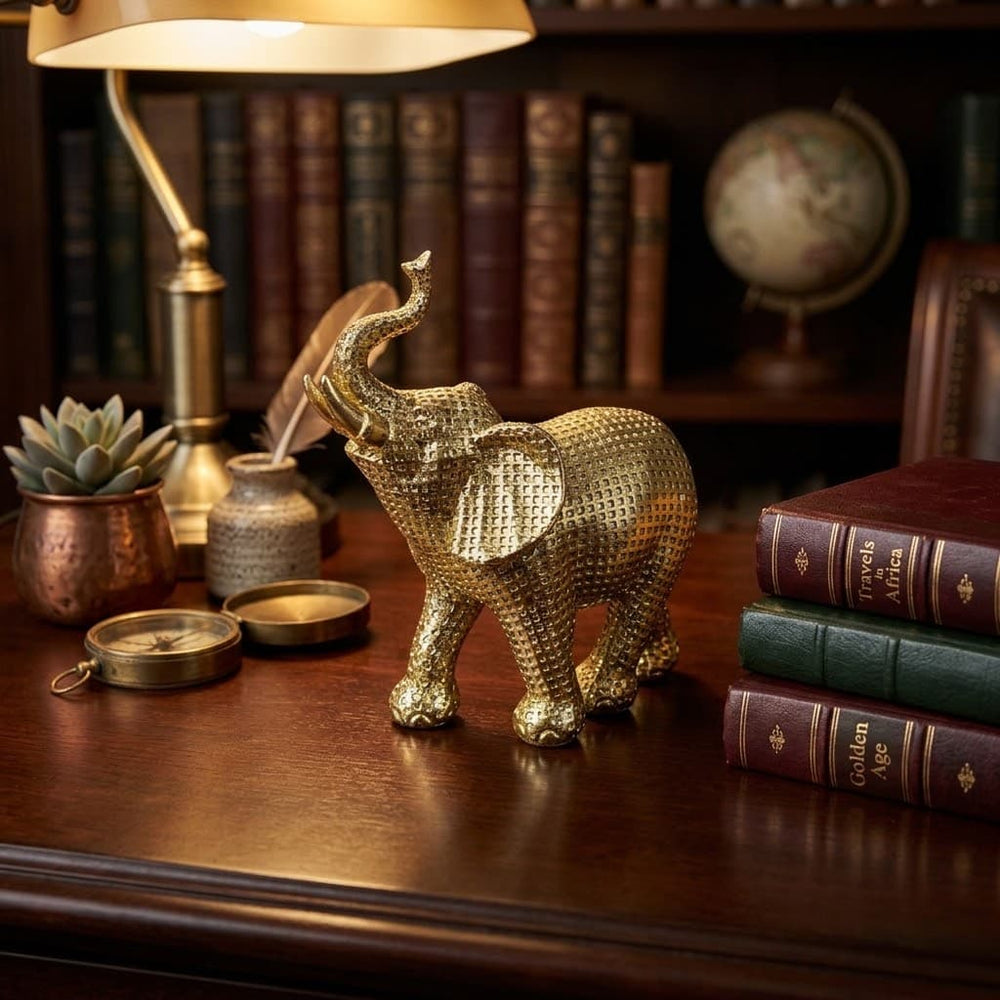Figura decorativa elefante dorado de 17 cm con diseño de cuadros en relieve