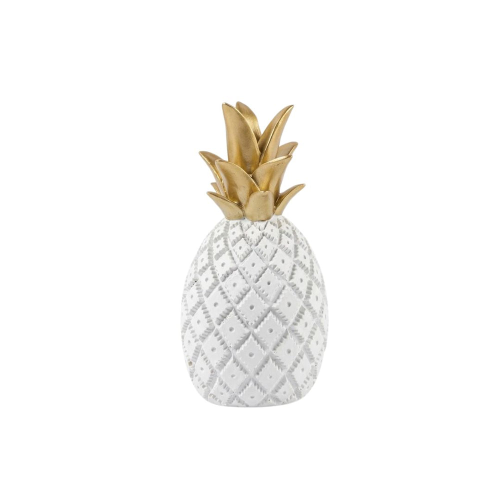 Piña decorativa blanca con corona dorada de 24 cm
