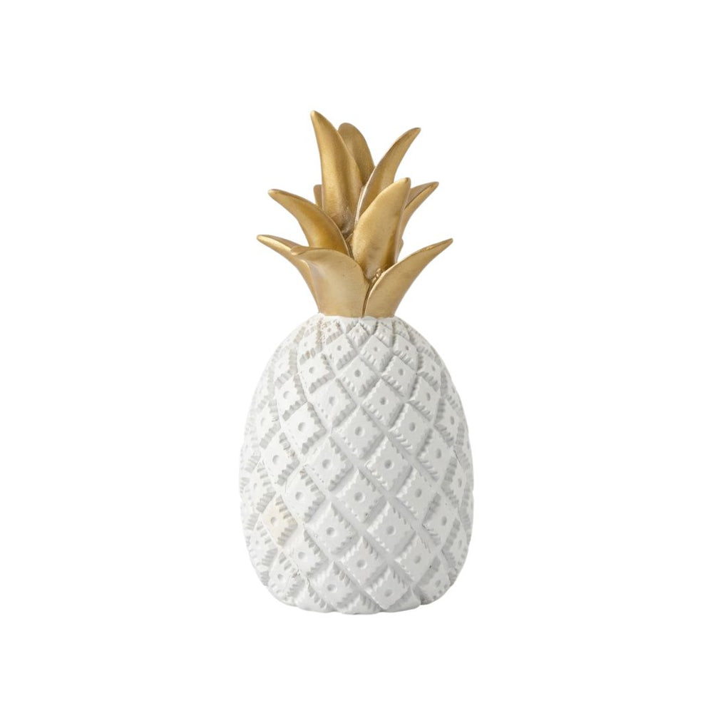 Piña decorativa blanca con corona dorada de 20 cm