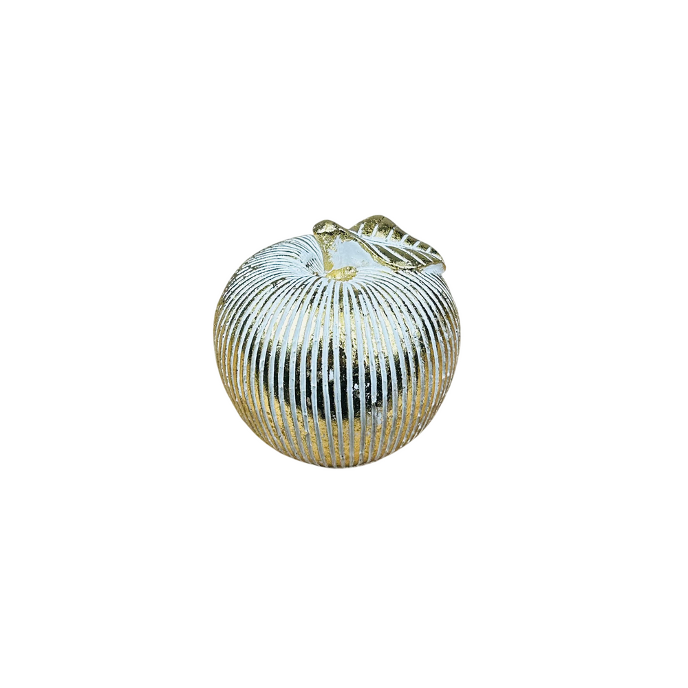 Manzana decorativa dorada 7×8 cm con líneas blancas