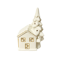 Figura navideña de casa blanca con árbol de Navidad