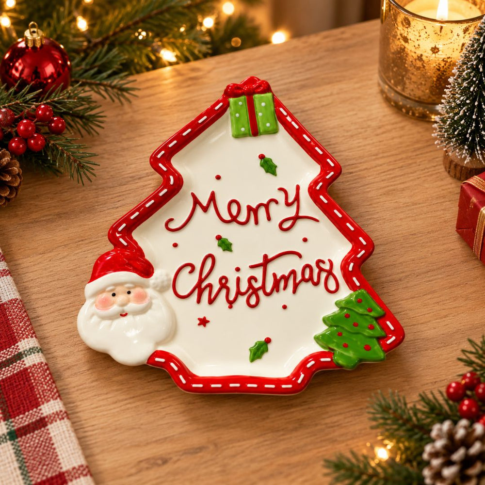 Bandeja decorativa navideña árbol Merry Christmas blanco de 26 cm