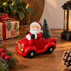 Figura decorativa navideña carro rojo con árbol y luces de 12 cm