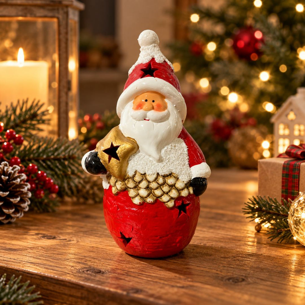Figura decorativa Papá Noel con luces y detalles de estrellas navideñas