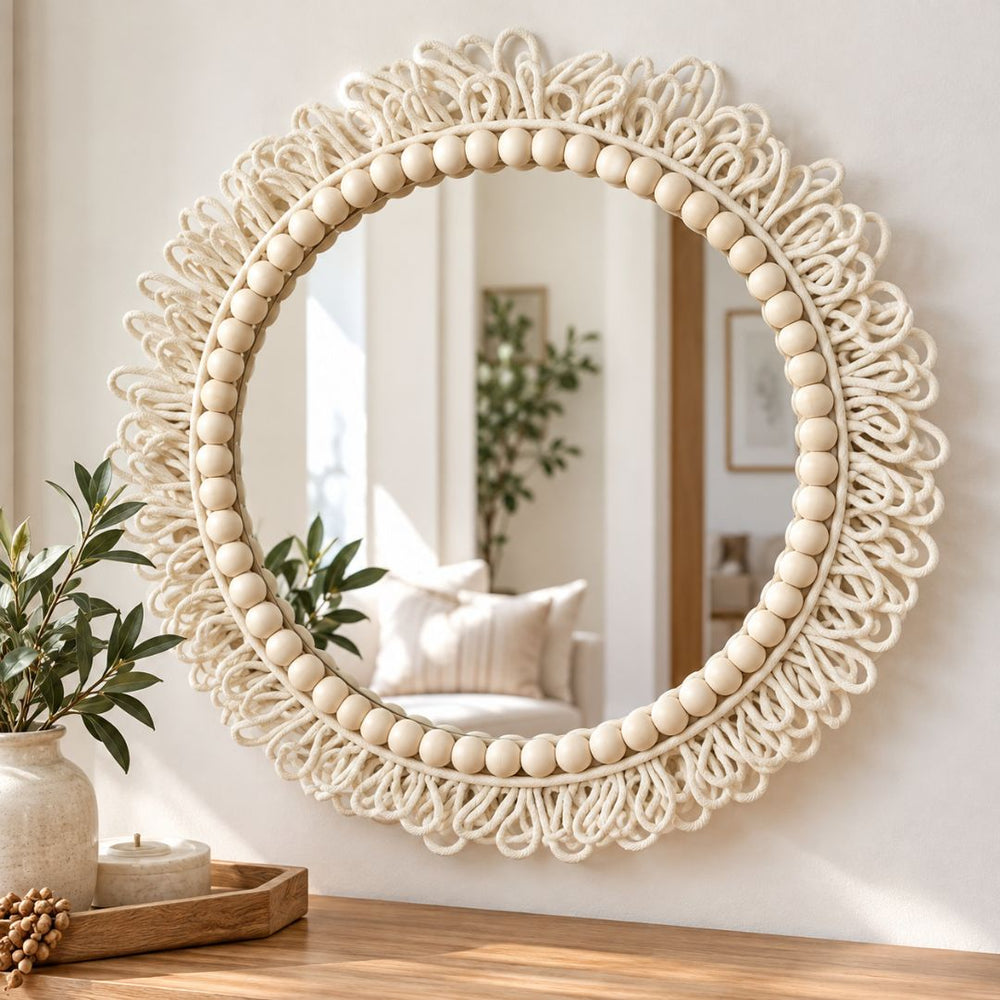 Espejo redondo de 40 cm con marco decorativo de cuentas de madera y tejido natural