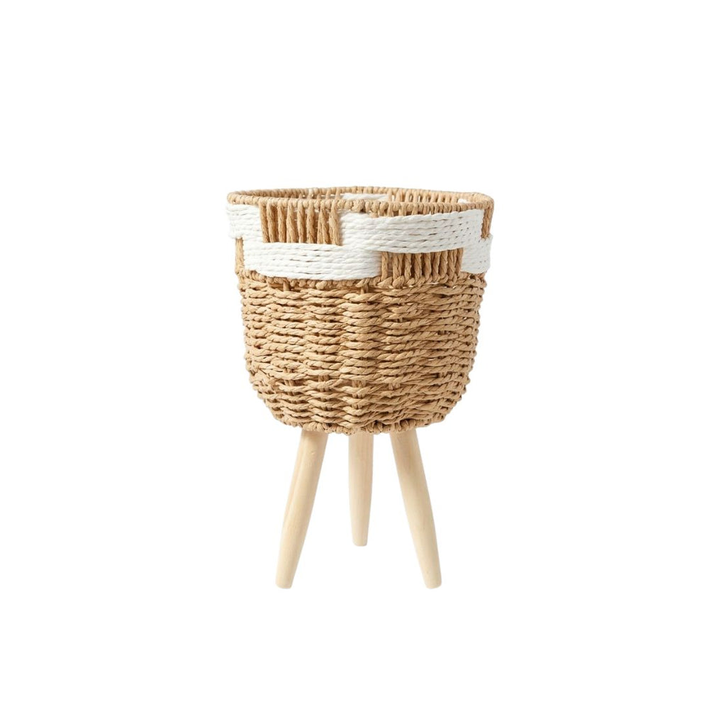 Matera tejida pequeña con soporte de madera de 21 × 19 × 35 cm