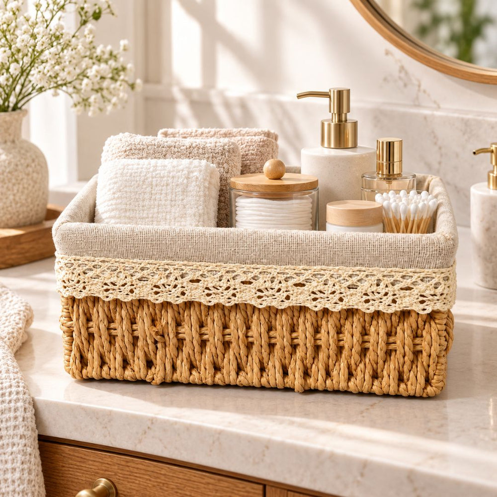 Cesta organizadora rectangular tejida con forro beige y detalle de encaje crema