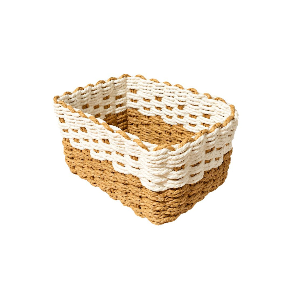 Cesta decorativa de fibra tejida en blanco y tono natural