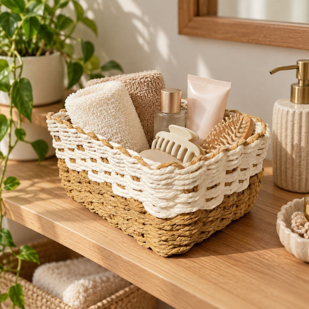 Cesta organizadora rectangular tejido combinado blanco y natural disponible en tres tamaños