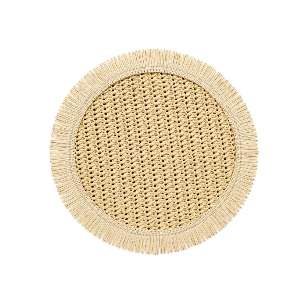 Individual redondo tejido beige de 38 cm con flecos