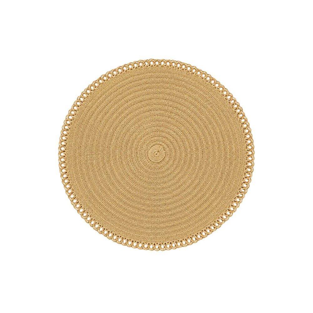 Individual circular beige claro con diseño de espiral concéntrica.