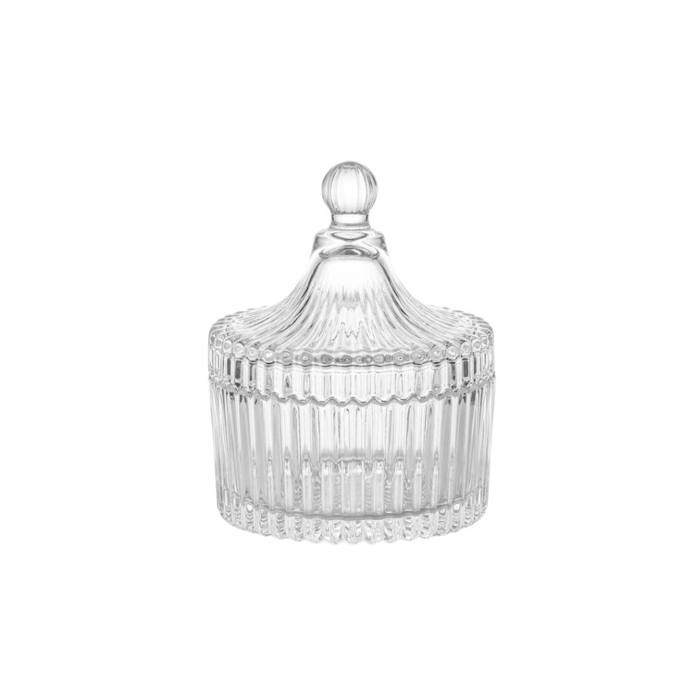 Bombonera de cristal transparente con tapa decorativa