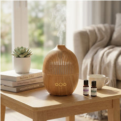 Humidificador con líneas verticales, luces y acabado tipo madera